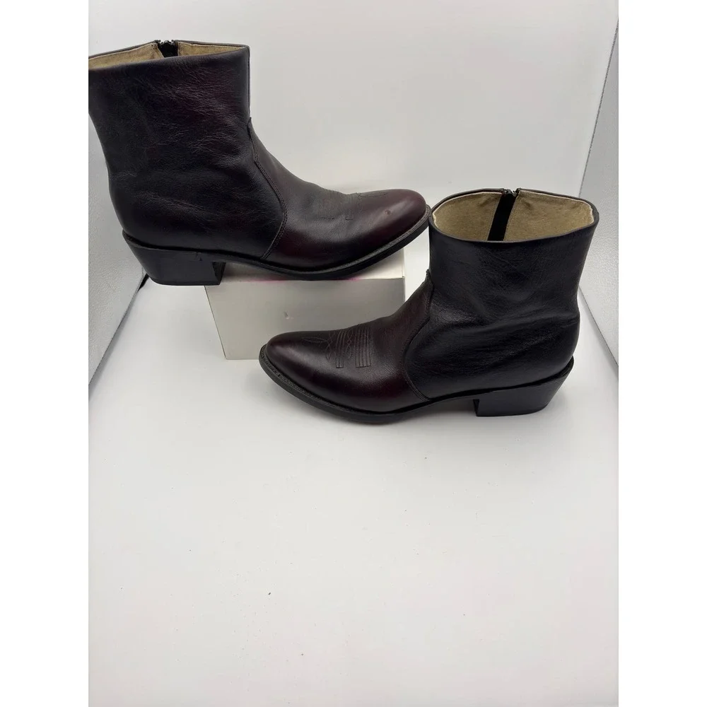 Vintage Leather Western Ankle Boots Burgundy Oxblood Pointed Toe Side Zip